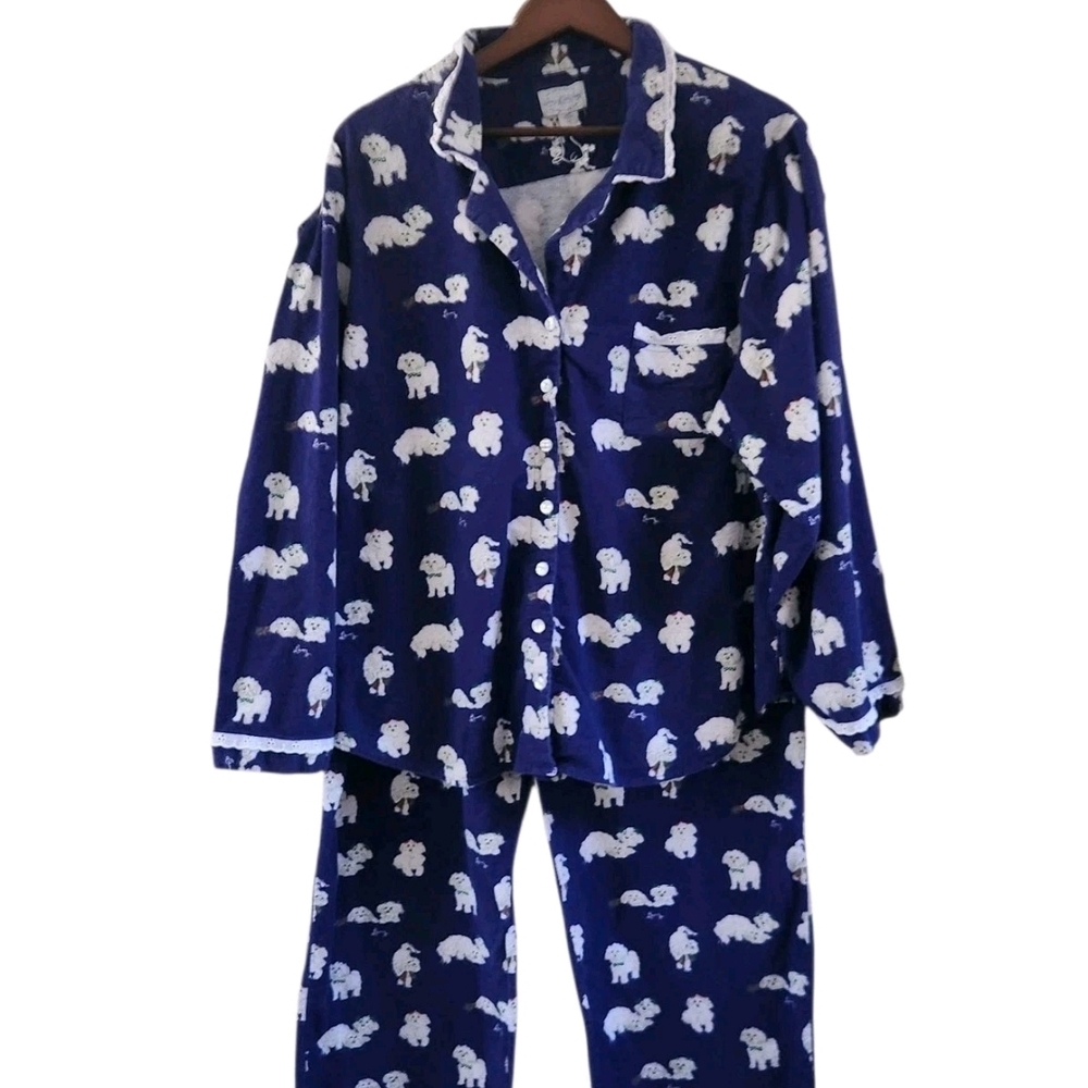 Women's Blue Pajama Set with White Puppy Love Bichon Print